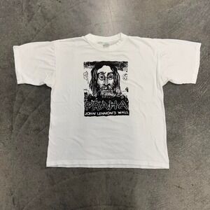 Vintage Men's John Lennon Praha Art T-shirt Beatles White Short Sleeve Large